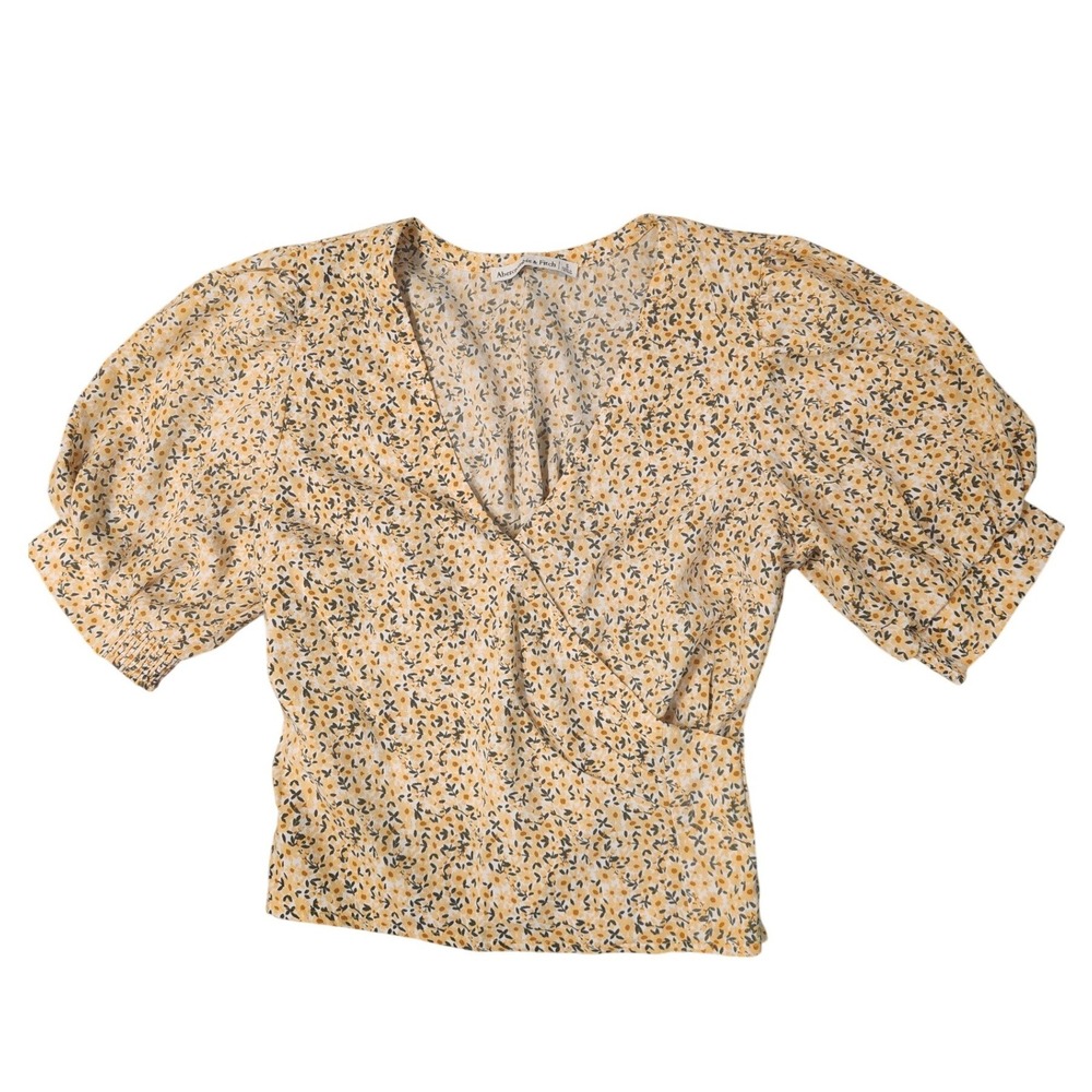 Abercrombie & Fitch Floral Wrap Top Yellow Puff Sleeve  Cottage Boho Feminine S